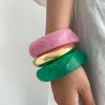 Vintage Heterotypic Irregular Pink Green Texture Resin Bangle Geometric Wide Hip Hop Metal Cuff Bracelet Bangle Pulseras Jewelry