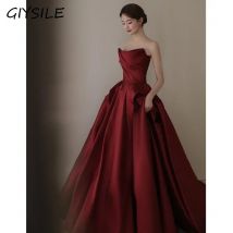 Luxury Strapless Elegant Satin Simple Evening Dresses 2024 Wedding Shooting Party Dresses Women Evening Burgundy Formal Dress