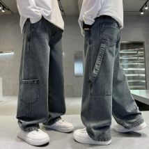 Teenager Jungen Cargo Jeans Frühling Herbst Neue Kinder Breite Bein Denim Hosen für Kinder Lose Taschen Hosen