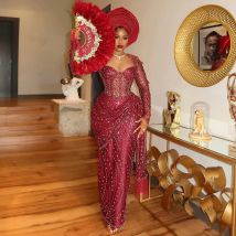 Elegance Burgundy Lace Evening Dresses African Tradition Wedding Bride Dress Luxurious Beaded Nigerian Birthday Dress Prom Gown