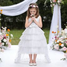 Weiße Farbe Teenager Mädchen Taufkleid Hochzeit Schleppkleid Blumenmädchen Spitze Prinzessin Kleid Kinder Baby 1. Geburtstag Party Kostüm