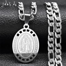 Jungfrau Maria Unsere Liebe Frau von Guadalupe Anhänger Halskette für Männer Edelstahl Silber Farbe Katholizismus Halsketten Schmuck Geschenke