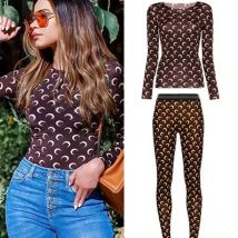 American Retro Womens Two Piece Set Sexy Ice Silk Top and Pants Long Sleeve Moon Print Round Neck Sun Protection Autumn Clothes