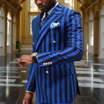 Blau und schwarz gestreifter zweireihiger Herrenanzug, zweiteiliges Set, Outfits, lässig, Party, Abschlussball, Hochzeit, Smoking, Anzug, Jacke, Hose