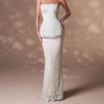 Maßgeschneidertes, hochwertiges Jersey-Abendkleid, sexy, trägerlos, bodenlang, ärmellos, zarte Quasten, Kristall, Vestido De Festa