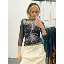 Abstrakte Druck Grafik T-Shirts für Frauen Kleidung y2k Accessoires Mesh durch Ropa de Mujer Bodycon Crop Top Viertel Ärmel sehen