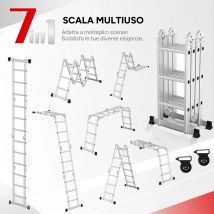 4×3 Scala multiuso, scala multifunzione 7 in 1 di 350CM in alluminio, scala pieghevole multiuso con 2 ruote, scala da casa con carico massimo 150kg, scala multifunzione con 12 gradini