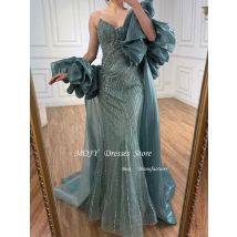 Mojy Arabisch Luxus Perlen Blau Meerjungfrau Abendkleid 2025, Trägerlos, Abnehmbare Ärmel, Damen-Hochzeitskleid