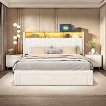 Letto imbottito 140x200 cm Letto matrimoniale con testiera a pannello, con 4 cassetti, struttura imbottita, beige, velluto, senza materasso, 140/160