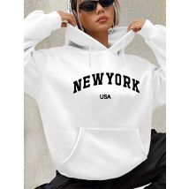 Women's autumn and winter warm and loose casual New York USA letter printed suede long sleeved hooded sweatshirt