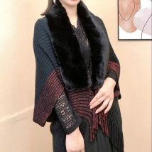 Mode Strickjacke Cape Mantel Faux Pelz Kragen Plüsch Wraps Stricken Schal Frühling Und Herbst Frauen Pullover Jacke Mantel Cape