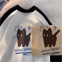 Sommer Casual Frauen Baumwolle T-shirts Kawaii Cartoon Frightened Katze Drucke Kurzarm Oansatz Lose Tops Straße Weibliche Kleidung