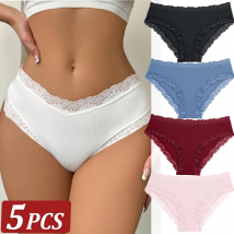 5pcs Spitze Blume Höschen Kontrast Hose mittlere Taille gerippt Frauen weiche Höschen atmungsaktive Mädchen Unterwäsche weiche Dessous XS-XL