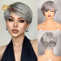Graue Echthaar-Perücken, kurze Pixie-Schnitt-Perücke, Echthaar für schwarze Frauen, maschinell hergestellte Perücken mit Pony, farbige kurze Bob-Perücken
