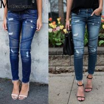 Mode Mittlere Taille Dünne Jeans Frauen Vintage Distressed Denim Hosen Herbst Gewellt Zerstört Bleistift Casual Zerrissene