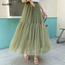 Vintage Gothic Schwarz Weiß Plissee Langer Tüllrock Tutu Femme Hohe Taille Urlaub Runway Mesh Röcke Damen 2024, Jupe Casual