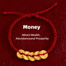 Chinese Style Simulated Ancient Five Emperor Copper Coins Bracelet for Women Handmade Braided Rope Bracelet Lucky Red Jewelry