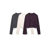 Weicher, verkürzter Strickpullover für Damen, seitliche Belüftungsöffnungen, O-Ausschnitt, lange Ärmel, weibliche Pullover, schicke Oberteile, Mode