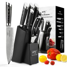 7-teiliges ABS-Knife-Set mit ergonomischem Griff für Brot, Steak, Obst, Küche, Damaskus, mit Holzklemmenblock