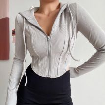 Sexy langärmeliger, kurzer Kapuzenpullover für Damen im koreanischen Stil – schlanke Vintage-Sportjacke, dünnes Herbst-Reißverschluss-Oberteil, vertikaler Pit-Streifen