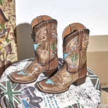 Graffiti-gestickte Western-Cowboystiefel für Damen, 2022, Frühling, neue Niete, quadratische Zehen, dicker Absatz, Kostümstiefel, Slip-On-Stiefel in der Mitte der Wade