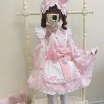 Rosa Kawaii Lolita Stil Kleid Frauen japanische süße süße Hase Erdbeere Druck Schleife Prinzessin Party Kleider Lolita Maid Kleid Set