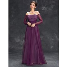 Mgiacy Line Neck Langarm Spitze Blumen Taille Fold Stitching Mesh ein langes Abendkleid Ballkleid Party kleid Brautjungfer kleid