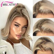13x4 Aschblonde Ombre farbige brasilianische Remy-Echthaarperücken mit dunklen Wurzeln HD transparente Spitze-Frontal-Bob-Perücken vorgezupft