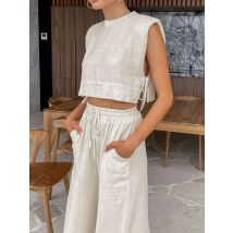 Frühling Sommer 2025, Damen-Feiertags-Leinen-Hosen-Set, bauchfreie Tops, solide Outfits, 2-teiliges passendes Set für Damen