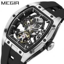 MEGIR Mode Freizeit Legierung Fall Männer Mechanische Uhr Silikon Band Barrel Geformt Zifferblatt Leucht Zeiger Design Mann Armbanduhr