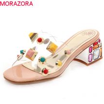 MORAZORA 2021 new fashion women sandals pvc rivet transparent summer sandals square heels party wedding shoes woman shoes