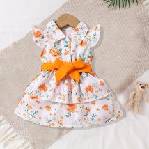 Süßes orangefarbenes Reverskleid mit Blumengrün-Blatt-Print für Babys und Mädchen mit Fliegenärmeln und Gürtel
