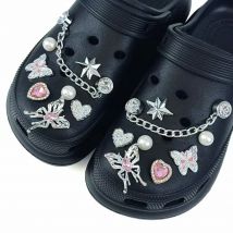 16-teiliges Schuh-Charm-Set, silberner Schmetterling, rosa Diamant, herzförmige Kette, Schuhdekoration, Schnalle für Sandalen, Clogs, DIY-Zubehör, Geschenk