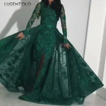 Party Prinzessin Kleid sexy schlanke Frauen Mesh Pailletten bestickt grün solide große Schaukel Abendessen Maxi Kleidung Lugentolo