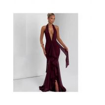Mingmingxi Deep V Neck Summer Dress Women 2025 Backless Sexy Dress Wine Elegant Ruffle Mermaid Dress