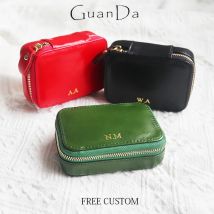 Custom Initials Luxury Cosmetic Case Genuine Leather Engrave Name Fashion Small Portable Mirror Travel Make Up Jewelry Case