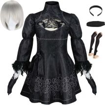 Große Größe Yorha 2B Cosplay Kostüm Schwarzes Trikot Kleid 2B Komplettes Set Halloween Shojou Magical Girl Outfits Perücke Handschuhe Augenmaske Socken
