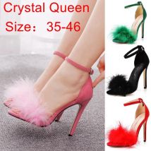 Frau Pelzigen High Heels Pumps Schnalle Plattform Heels Sandalen mit Pelz Frauen Platz Ferse Ankle Strap Offene Gummi Party 2021