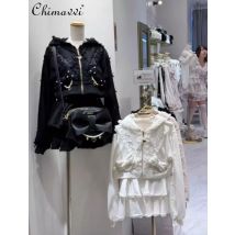 Herbst Neue Japanische Stil Süße Nette Perle Spitze Trim Mit Kapuze Kurze Strickjacke Jacke und Kurzen Rock Zwei-Stück set für Frauen