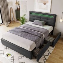 KOMHTOM Scaffale letto Cuscino LED 90x200 cm Grigio-2 cassetti Altezza regolabile