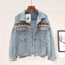Vintage Jeans Jacke Mantel Frauen Quaste Stickerei Blumen Denim Mantel Lose Lange Hülse Kurze Böhmen Denim Jacke Weibliche Outwear