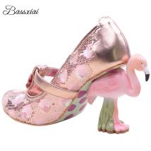 Stickerei Spitze Runde Kappe Bankett Schuhe Für Mädchen Neuheit Flamingo High Heel Frauen Pumpen Frühling Herbst
