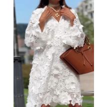Mode Spitze Blume Langarm Party Kleid Elegante Dame V-ausschnitt Lose Pendler Kleid Casual Straße Einfarbig Urlaub Kleid