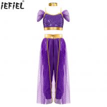 Kids Girls Arabian Princess Cosplay Costume Halloween Carnival Belly Dance Bodysuit Sleeveless Shiny Sequin Jumpsuit with Choker