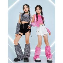 Rosa Pailletten Jazz Kostüm Mädchen Hip Hop Bühne Outfit Schwarz Weiß Shorts Kpop Kid Glitter Mode Kleidung Tanzen Performance Anzug