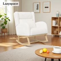 Lazyspace Weißer Teddy-Schaukelstuhl mit Taillenkissen, moderner Wohnzimmer-Schaukelsessel mit hoher Rückenlehne und Seitentaschen