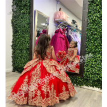 Luxurious Red Flower Girl Dress With Fluffy Golden Lace Design Weddings First Communion Bridesmaid Outfits For Girls