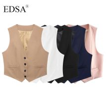 EDSA Frauen Grundlegende Feste Weste Casual Mädchen Einreiher Ärmellose V-ausschnitt Westen Jacke für Weibliche Tops Mode Streetwear