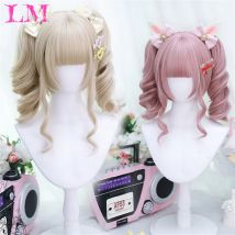 LM Mittellange rosa Cosplay-Perücke, hitzebeständig, Kostümparty, synthetische Perücken, 2 Clip-on-Pferdeschwanz, 7 Farben