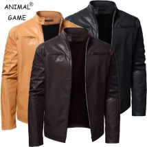 Herbst Herren Stehkragen Jacke Mantel Schwarz Leder Motorrad Jacke Einfarbig Zipper Streetwear Winter Warme Biker Jacke Männer